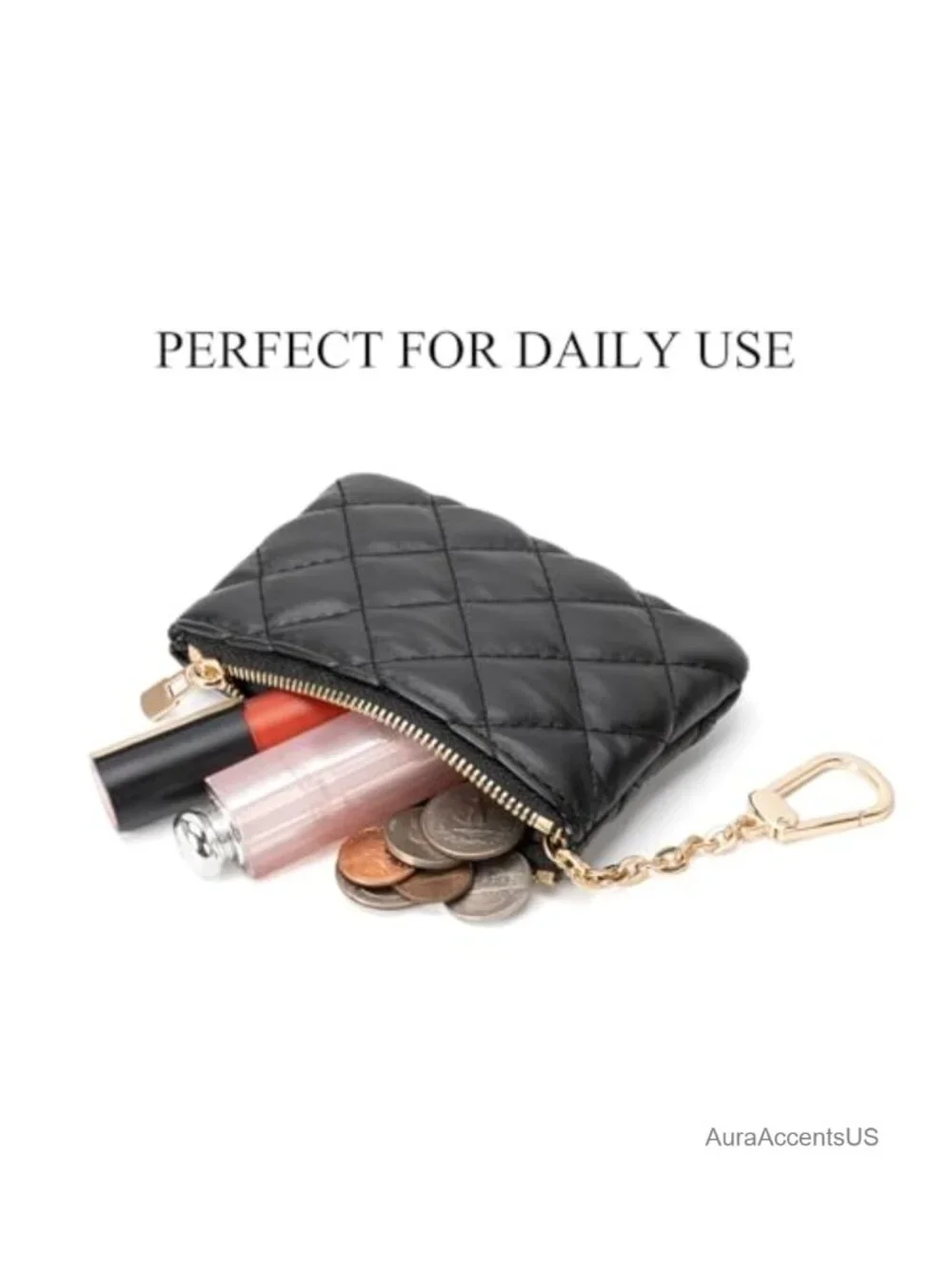 Quilted PU Leather Coin Purse with Keychain - Small Change Pouch & Card Holder